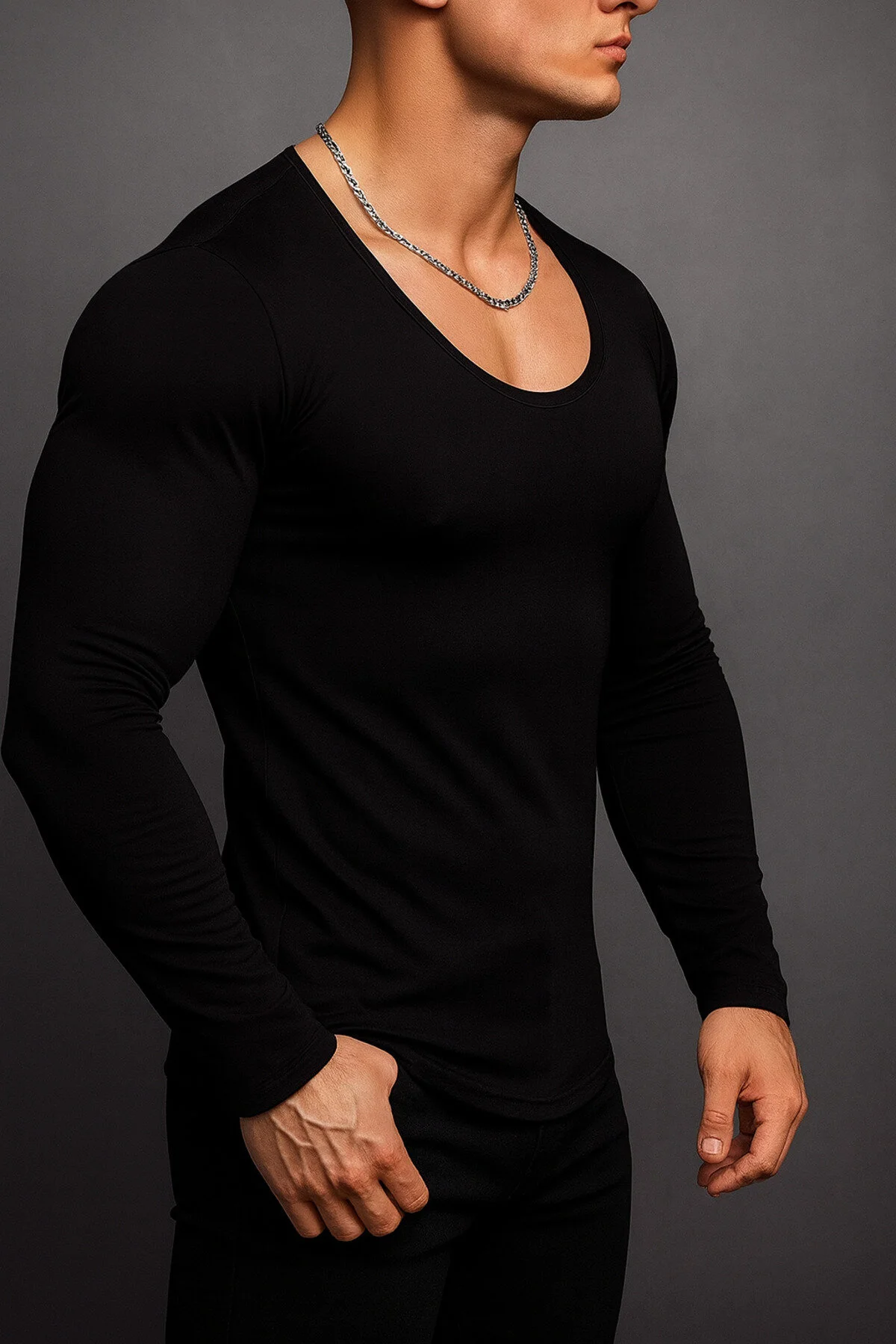 Erkek Uzun Kollu Oval Yaka Tişört Açık Yaka Likralı Slim Fit T-shirt Siyah Siyah