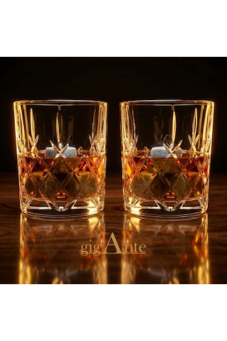Gigante Deluxe Bohemia Kristal Viski Bardağı Seti, 320 Ml, 2 Bardak Ve 6 Mermer Viski Taşı, Kristal Kesim Desen, Hediye Kutusu Şeffaf