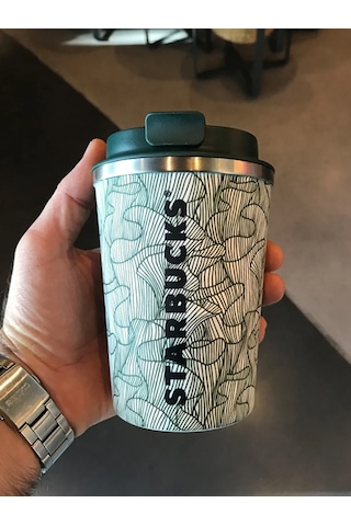 Starbucks Çizgi Desenli Yeşil-Beyaz Paslanmaz Çelik Termos 355ml