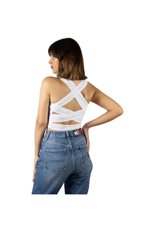 Terapi Men Beyaz Sırt Detaylı Fitted/vücuda Oturan Kare Yaka Crop Bluz Beyaz