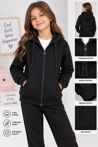 Uğur Bebe 3 İplik Şardonsuz Siyah Kapüşonlu Fermuarlı Hırka Cepli, Ayarlanabilir Bağcıklı, Okul Ve Günlük Kullanım Çocuk Sweatshirt Siyah Siyah