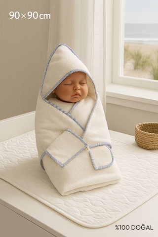 Organik Havlu Kundak Set - Bebek Banyo Havlu Set Mavi