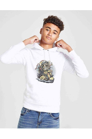 Scooter Smoker Baskılı Unisex Çocuk Kapüşonlu Beyaz Sweatshirt