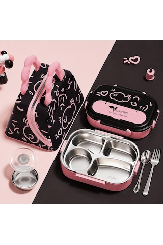 Valkyrie 316 Paslanmaz Çelik Lunch Box Termal Taşıma Çantalı 4 Bölmeli Sızdırmaz Beslenme Kabı Bpa İçermez Çatal Kaşık Hediyeli Pembe
