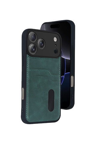 Apple İphone 17 Pro Max Uyumlu Deri Kartvizitli Kartlıklı Premium Telefon Kılıfı Kapak Koyu Yeşil