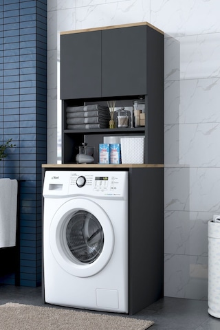 Rani Kd101 Çamaşır Makinesi Dolabı 3 Raflı Kapaklı Banyo Dolabı Antrasit - Sepet Ceviz