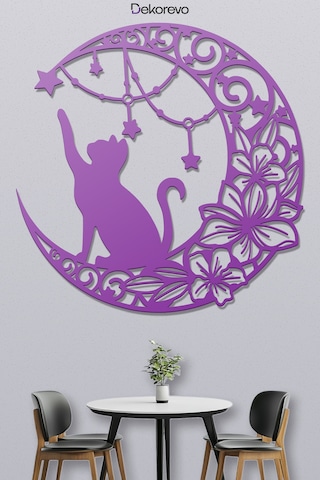 Floral Hilal Ve Kedi Silüeti Dekoratif Metal Tablo - Duvar Sanatı - Duvar Dekoru - Mor