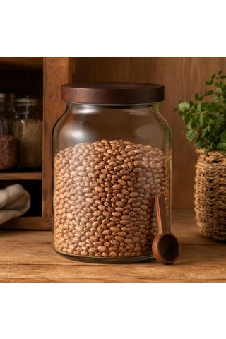 Akasya Mega Cam Kavanoz 3000 Ml, Akasya Kapaklı Büyük Saklama Kavanozu, Ahşap Kaşıklı Cam Kavanoz, Bakliyat Kahve Çok Renkli