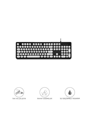 Tk-09 Kablolu Q Klavye Retro Daktilo Görünümlü Siyah-beyaz Su Geçirmez Klavye