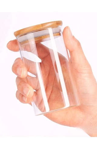 12 Adet Vakumlu Bambu Kapaklı Borosilikat Baharatlık, Saklama Kabı, Çerezlik 200 Ml Şeffaf Cam