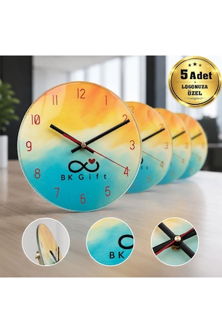 Logonuza Özel 5 Adet 18 Cm Yuvarlak Cam Duvar Saati Kurumsal Baskılı Promosyon Saat Çok Renkli