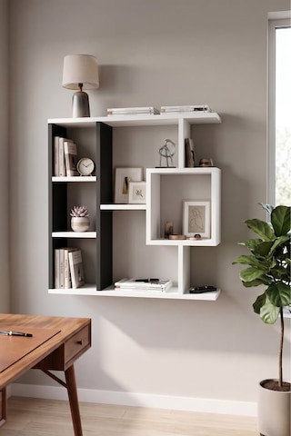 Reyo Enda Home Yegane Duvar Rafı, Duvar Kitaplığı, Dekoratif Kitaplık, Modern Kitaplık Antrasit - Beyaz
