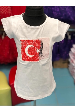 Sedacan Kostüm Atatürk Ve Bayrak Çift Taraflı Payetli Çocuk Tşört Beyaz