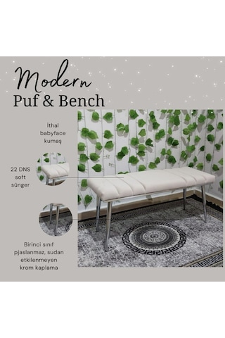 Özcan Metal Krom Metal Ayaklı Metal Kasalı Bench Mutfak Salon Antre Yatak Odası Balkon Puf Bank Krembeyaz