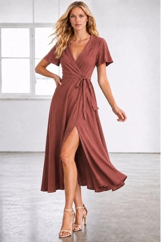 Defymoda Kadın Kısa Kollu Kruvaze Yakalı Belden Kuşaklı Yırtmaçlı Midi Viskon Elbise Turuncu