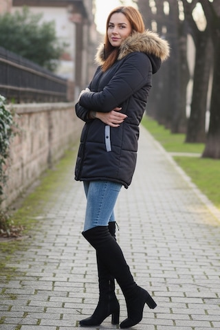 Kışlık Kapüşonu Suni Kürklü Şık Orta Boy Kadın Siyah Mont Siyah