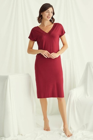 Monamise 18518 Kadın V Yaka Dantelli Düğmeli Kısa Kollu Gecelik-kırmızı Kırmızı