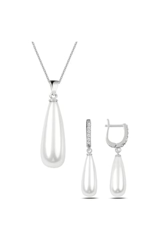 Gümüş Uzun Damla Model Kolye Küpe Inci Set