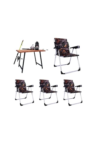 Alin Metal 4''lü Lüks Bardaklı Kamp Sandalyesi Ve Masa Set Yaprak Desenli Yaprak Desenli Çok Renkli