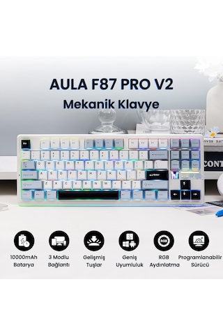 Aula F87 Pro V2 Mekanik Rgb Tkl Star Vector Switch Kablosuz Makrolu Hot Swap Klavye Lacivert