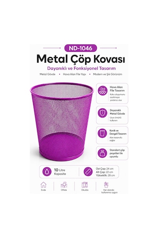 Need Tam Delikli Metal Fileli Mor Çöp Kovası - Nd-1046
