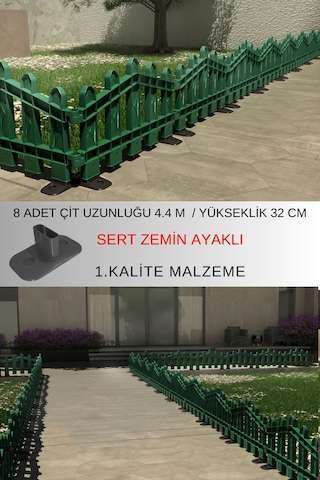 Dekoratif Plastik Alan Oluşturma Ve Bahçe Çiti 8 Adet Çit Y: 32 Cm / G: 4.4 M Sert Zemin Ayaklı - Yeşil