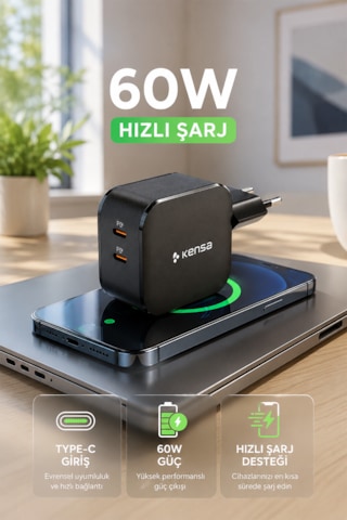 60w Çift Portlu Usb-c Girişli Akıllı Hızlı Şarj Adaptörü