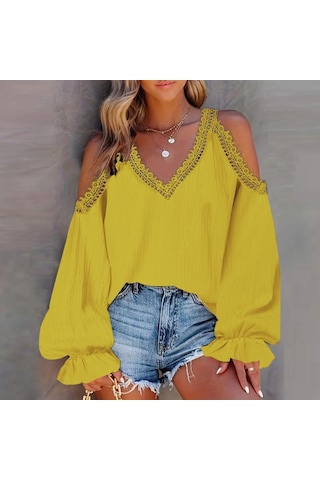 Vonda Kadın Vintage V Yaka Fener Uzun Kollu Omuzdan Bağlamalı Dantel Bluzlar Sarı