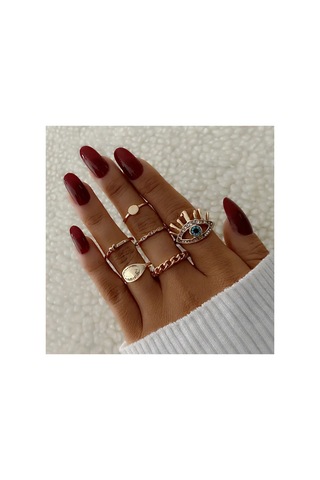 Silva 6 Adet Kristal Taşlı Geometrik Tasarım Kalp Nazar Figürlü Vintage Çoklu Gold Altın Yüzük Seti
