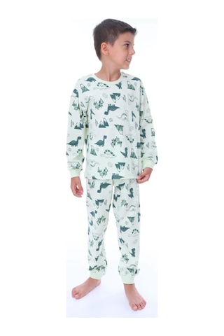 Erkek Çocuk Dinazor Desenli Uzun Kollu Pijama Takımı-901 Yeşil
