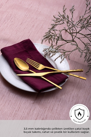 Emsan Alba 18 Parça 6 Kişilik Parlak Gold Tatlı Kutulu Çatal Kaşık Bıçak Takımı Gold