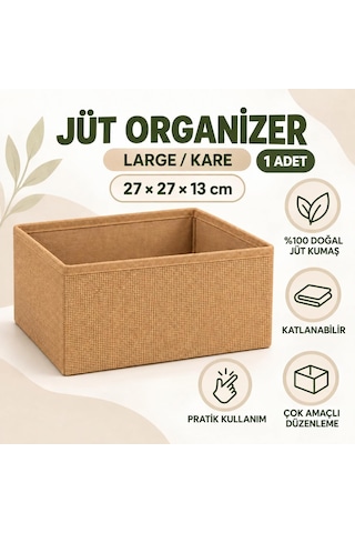 Harmony Jüt Tekli Organizer Katlanabilir Düzenleyici Jüt Sepet, 27 27 13 Cm, Bej