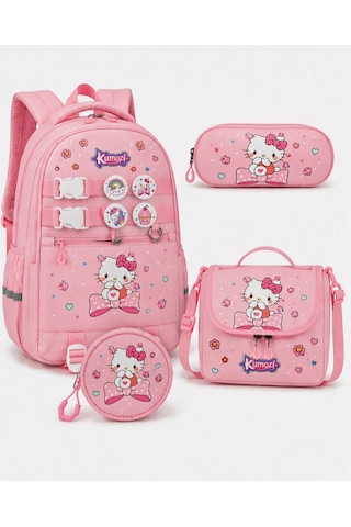 Hello Kitty Baskılı Özel Tasarım Ortopedik Su Geçirmez Cüzdanlı Okul Çantası Termal Beslenme Ve Kalemlik Seti Pembe