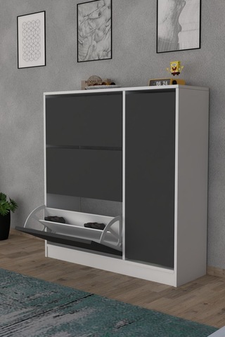 Milano 3 Kapaklı Kayar Raflı Dolaplı Ayakkabılık Antrasit Gri Antrasit - Beyaz