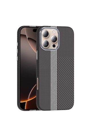 Noktaks - İphone 16 Pro Uyumlu Kılıf Magsafe Özellikli Karbon Fiber Görünümlü Gros Kapak - Siyah-lacivert - T36934