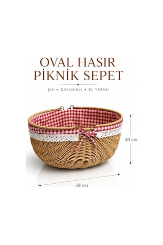Piknik Sepeti Oval Hasır Detaylı 38 Cm Krem