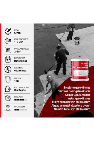 Alkoru Süper Likit Membran Kauçuk Ve Elyaf Katkılı Sıvı Su Yalıtım Malzemesi 1, Kilogram