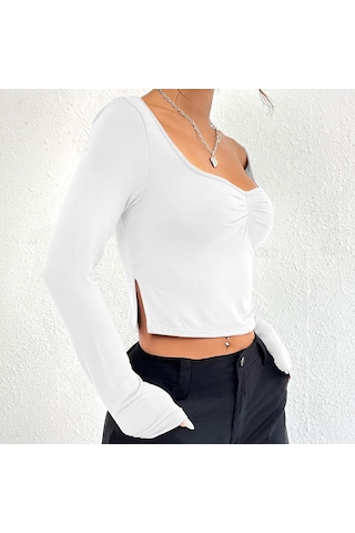 Hnxc Kadın Moda Günlük Yaz Düz Renk Baskı Uzun Kollu U Yaka Bluzlar Ve Gömlekler Beyaz