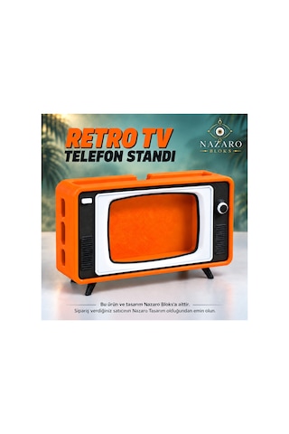 Retro Tv Görünümlü Telefon Standı, Masaüstü Telefon Tutucu, Dekoratif Telefon Aksesuarı, Hediyelik Turuncu - 927746105 Turuncu