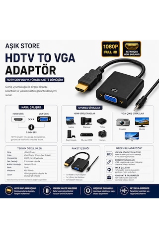 Hdmı To Vga Adaptör 1080p Full Hd Altın Uçlu 3.5mm Ses Çıkışlı Hdmı Erkek Vga Dişi Dönüştürücü Laptop Monitör Projeksiyon Tv Bilgisayar