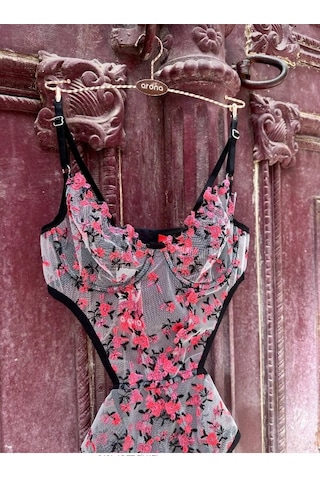 Arona Kadın Transparan Çiçek Desenli Tül Siyah Bodysuit Siyah Çiçekli