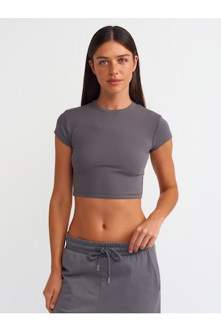 Dilvin Vücuda Oturan Crop Top Füme