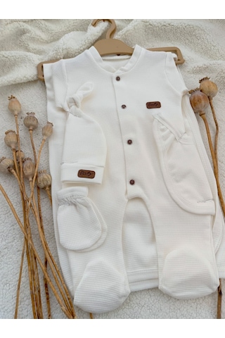 Kız Erkek Bebek Yeni Doğan Beyaz Waffle 5 Parça Hastane Çıkışı Beyaz
