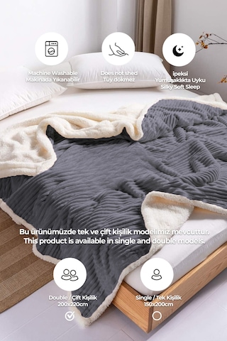 Sherpa Battaniye Çift Kişilik Çizgili Yumuşak Peluş Wellsoft Yatak Örtüsü Antrasit