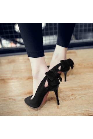 Sones Kadın Ayakkabı Fiyonklu Sivri Uçlu Stiletto Topuklu Ayakkabı Siyah