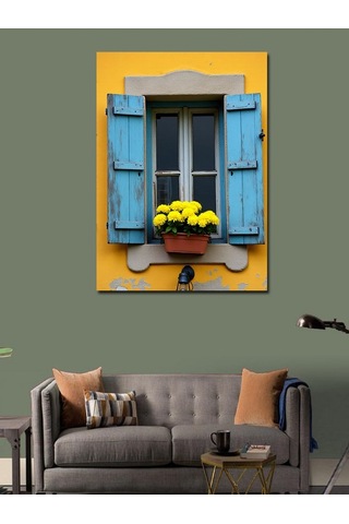 Kanvas Tablo Mavi Panjurlu Sarı Ev 100cmx140cm