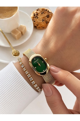 Dice Kayek Oval Mini Vintage Kasa Kadın Kol Saati Çelik Kordon 5 Atm Suya Dayanıklı+bileklik Dc.29 Sarı