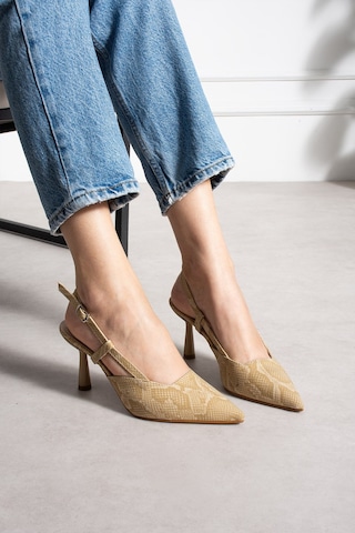 Dabab Shoes Snape Kadın Bej Yılan Desenli Sivri Burun 7 Cm Topuklu Slingback Ayakkabı