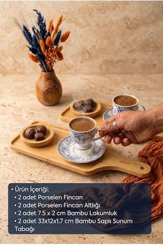 Atbyhome 2 Kişilik Bambu Tepsili Porselen Kahve Fincan Takımı - Lokumluklu Set Kahverengi