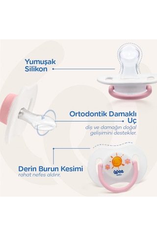 Wee Baby 2'li Gece Gündüz Damaklı Silikon Emzik 0-6 Ay (Saklama Kabı Hediyeli) Pembe